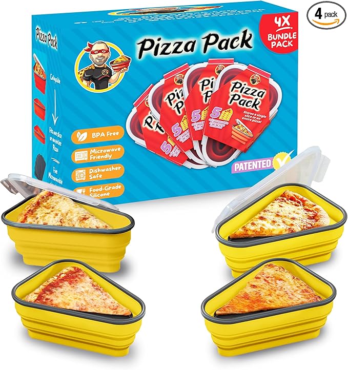 PIZZA PACK The Perfect Reusable Pizza Storage Container with 5 Microwavable Serving Trays - BPA-Free Adjustable Pizza Slice Container to Organize & Save Space, 4 Pack, Yellow