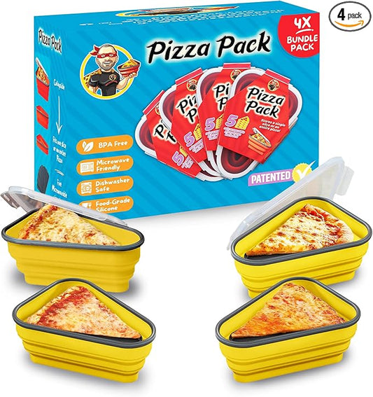 PIZZA PACK The Perfect Reusable Pizza Storage Container with 5 Microwavable Serving Trays - BPA-Free Adjustable Pizza Slice Container to Organize & Save Space, 4 Pack, Yellow
