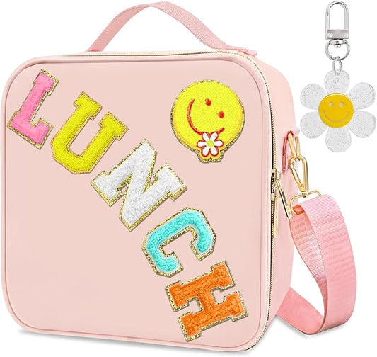 Insulated Girls Lunch Box, Preppy Lunch Box for Teen Girls， Cute Girls Lunch Bag for Kids, Large Reusable Cute Cooler Bag with Adjustable Shoulder Straps,Perfect for School Travel Picnic（Pink）
