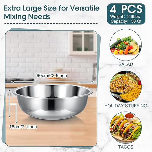 Nuogo 4 Pcs Stainless Steel Mixing Bowls Metal Mixing Bowls Extra Large Basin Salad Basin Deeper Edge Dishwasher Safe Mirror Finish for Home and Commercial, Silver (24 Inch 30 Qt)