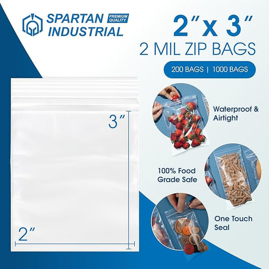 Spartan Industrial - 2” X 3” (200 Count) 2 Mil Clear Reclosable Zip Plastic Poly Bags with Resealable Lock Seal Zipper
