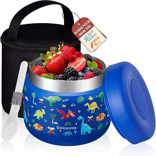 Soup Thermo for Kids with Folding Spoon - 9 oz Insulated Food Jar Container for Boy Lunch Box, Stainless Steel Leak-Proof Thermo Bowls for Hot Food, Keep Cold 12h/Hot 8h - Blue Dinosaur