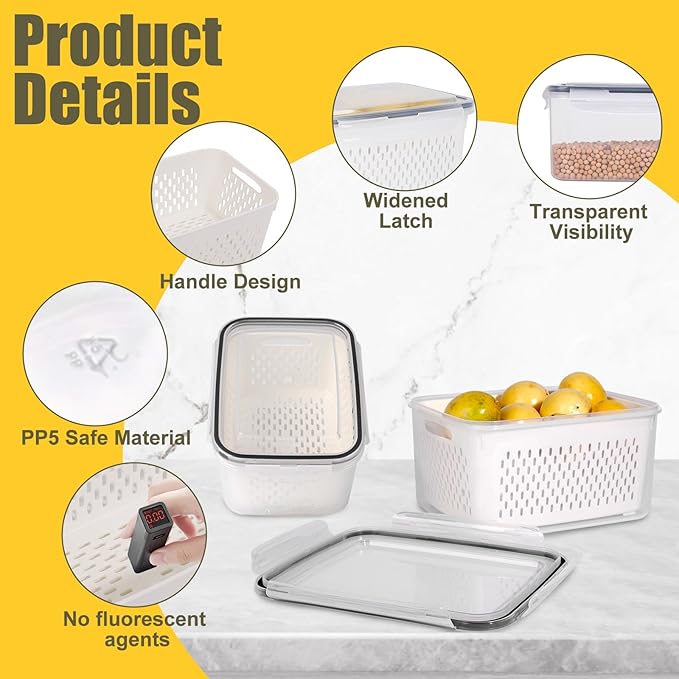 15 PCS Fruit Storage Containers for Fridge with 5 Airtight Lids,5 Removable Colander,5 Food Storage Container,Produce Saver Container Dishwasher Safe Keep Berry Fruit Vegetable Fresh Longer
