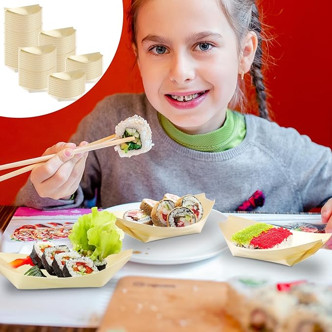 Hoolerry 500 Pcs Disposable Wood Boat Plates Dishes 4 Inches Bamboo Plates Sushi Boat Disposable Bamboo Leaf Dish Serving Tray Food Container Wood Bowl For Catering Home