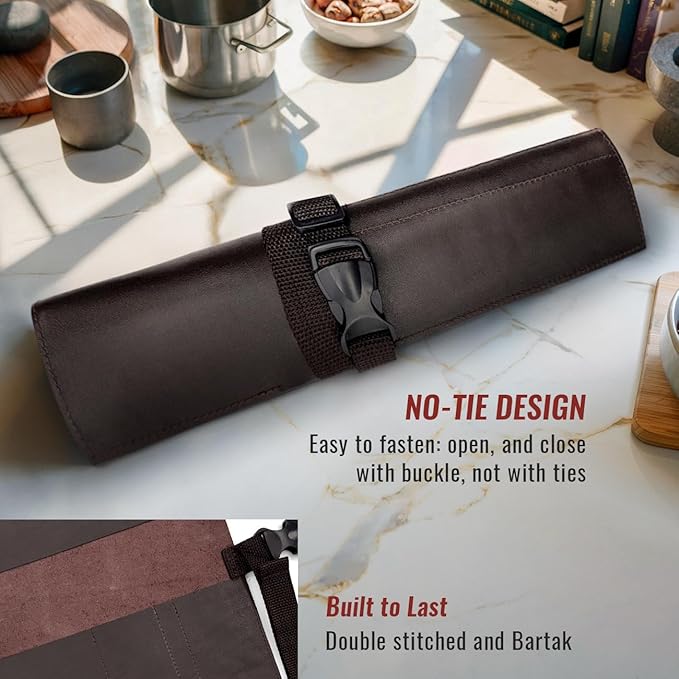 Under NY Sky Genuine Leather Knife Roll Case - 3 Slots - Real Leather Pouch - Portable Bag for Cooking Tools, Utensils, Cutlery Knives, Brushes - Chefs, Kitchen, Travel, Gift - Brown L