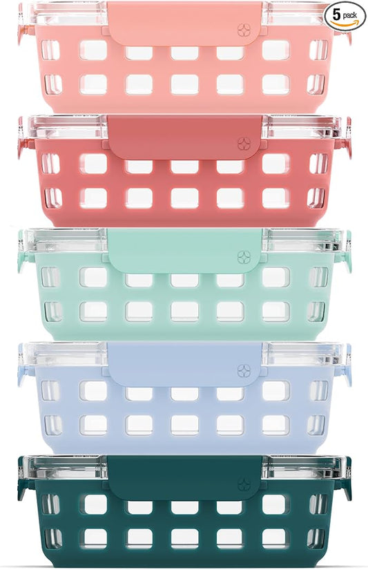 Ello Duraglass 3.4 Cup Meal Prep Sets 10Pc, 5 Pack Set- Glass Food Storage Container with Silicone Sleeve and Airtight BPA-Free Plastic Lids, Dishwasher, Microwave, and Freezer Safe, Melon