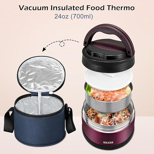 MAXSO Food Jar for Hot Food - 24 OZ Soup Thermo for Adults Vacuum Insulated Lunch Containers with Foldable Spoon & Thermal Bag, Wide Mouth Leakproof Bento Box - Burgundy