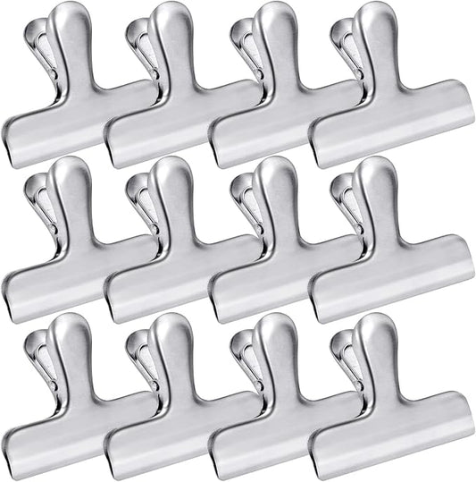 12 Pack Stainless Steel Chip Bag Clips,Chip Clips 3 Inch Wide,Metal Food Bag Clips Heavy Duty,Round Edge Air Tight Seal Grips on Coffee Food Bread Bags,Food Clips for Office Kitchen Home (Silver)