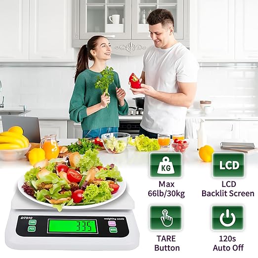 Large Food Scales for Kitchen 66LB 30kg Digital Kitchen Scale with Tare and Prep Counting Food Weight Baking Scale with LCD Display for Bakery (White, 30kg)