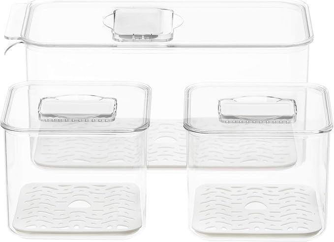 iPEGTOP Fridge Produce Saver Food Storage Bin Containers, Stackable Refrigerator Freezer Organizer Fresh Keeper Container with Vented Lids, 3 Pack