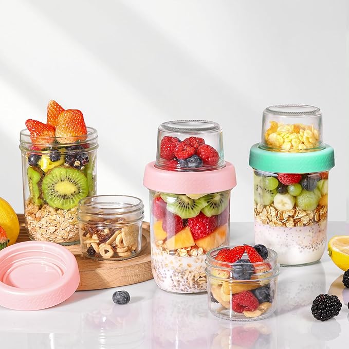 ComSaf 6-Pack 16 oz Overnight Oats Containers with Lids, Dual-Layer Chia Pudding Jars with Dry and Wet Separation, Yogurt Parfait Cups for Oatmeal Cereal Nut Fruit, Meal Prep Glass Jars for Salad