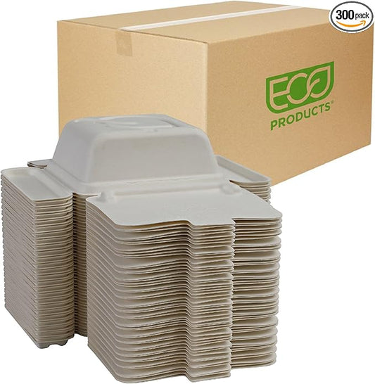 ECO PRODUCTS Compostable 22oz One-Piece To Go Containers, Case of 300, 6"x5.5"x2" Vanguard Folia Innovative Container, Disposable Renewable White Molded Fiber, No PFAS, Tree-Free, ASTM, BPI-Certified