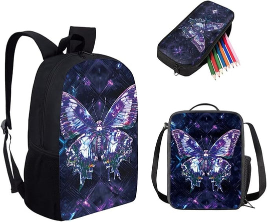 Dolyues Butterfly Print 3-Piece Girls Backpack Set - 17-Inch Bookbag, Lunch Box & Pencil Case - Preschool & Elementary/Middle School Backpack for Teens
