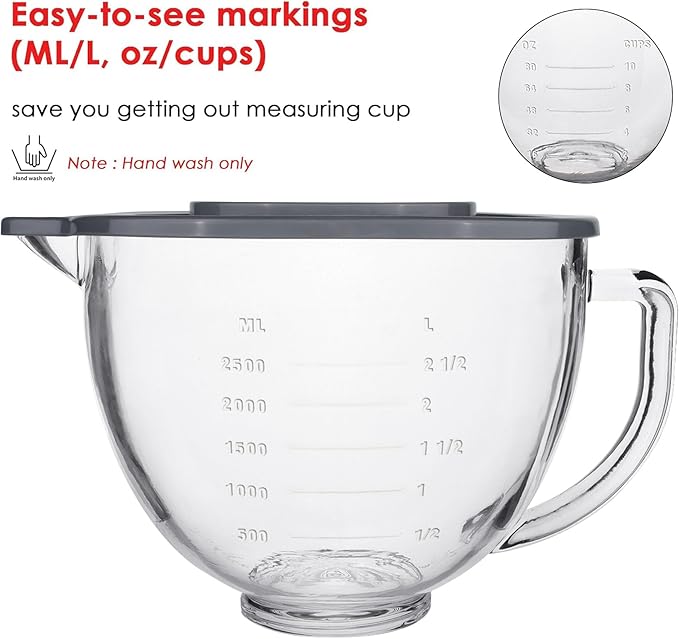 Glass Mixing Bowl Accessory 5 Quart - Compatible with KitchenAid 4.5 and 5 Quart Tilt-Head Stand Mixers (With Lid)