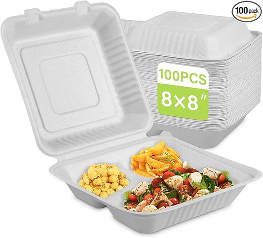 greensight Compostable Take Out Food Container 8X8, 100 Pack 3 Compartment Clamshell Food Container, Disposable To Go Food Boxes, Biodegradable Food Containers Made of White Sugar Cane Fibers
