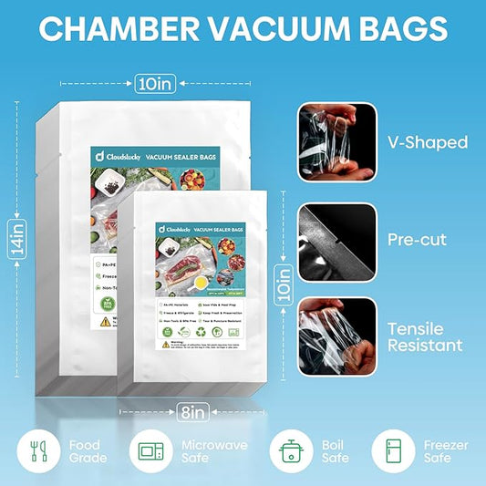 Chamber Vacuum Sealer Bags,10"x14" 200 Pcs Pre-cut Chamber Machine Pouches,Heavy Duty Chamber Vacuum Bags for Commercial Sealer,Food Storage,Meal Prep,Sous Vide,Meat Cheese Goods, BPA Free