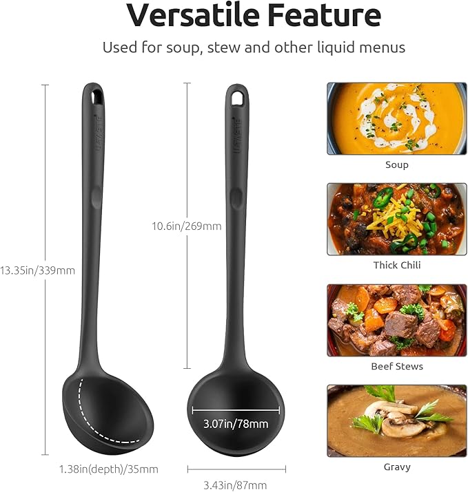U-Taste 10 Piece Measuring Cups and Spoons Set in 18/8 Stainless Steel, and 600ºF Heat Resistant 13 inch Large Non-Stick Silicone Soup Ladle (Black)