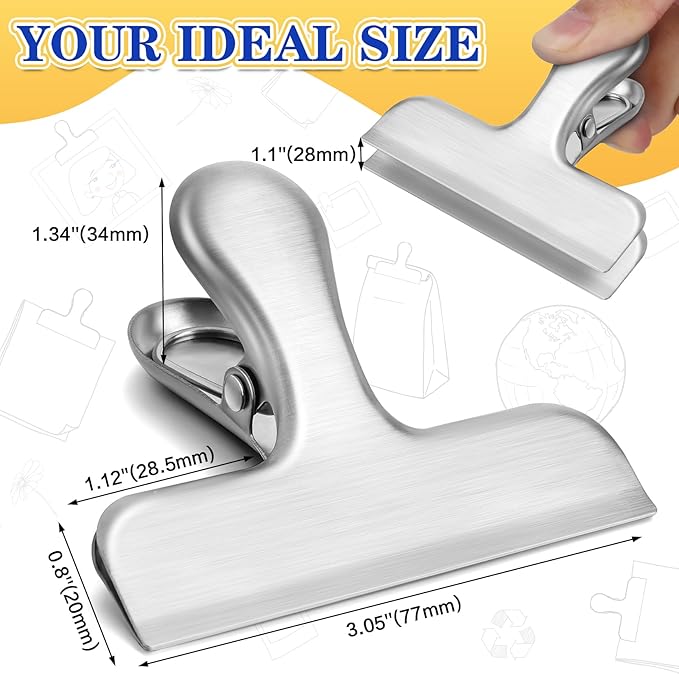 24 Pack Bag Chip Clips, 3 Inches Wide Heavy Duty Food Clip for Bags, Stainless Steel Grip Clips for Chips and Other Food Bags, Snack Clamp for Kitchen, Office to Seal Coffee Bags, Paper Sheets, Silver