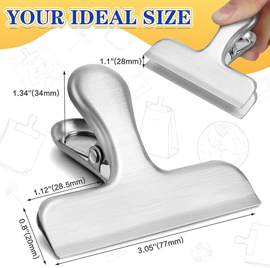 24 Pack Bag Chip Clips, 3 Inches Wide Heavy Duty Food Clip for Bags, Stainless Steel Grip Clips for Chips and Other Food Bags, Snack Clamp for Kitchen, Office to Seal Coffee Bags, Paper Sheets, Silver