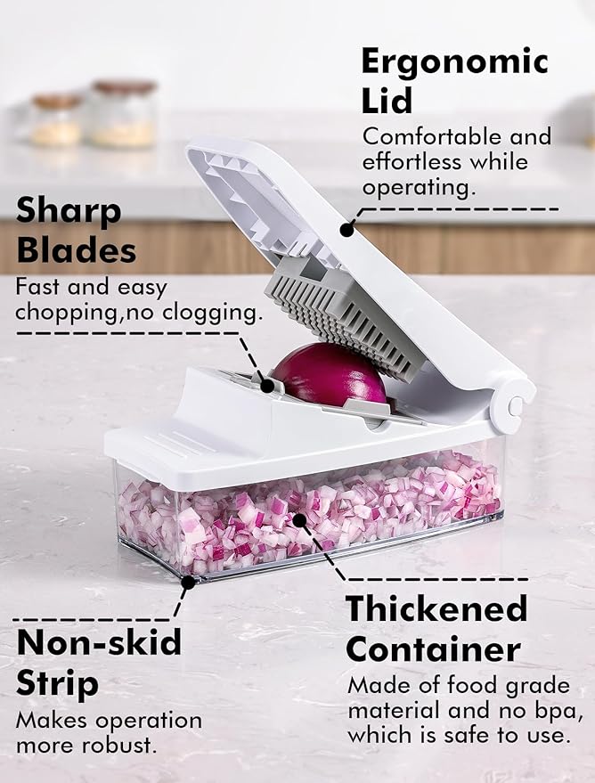 Geedel Vegetable Cutter, Onion Cutter Pro Food Chopper, Kitchen Vegetable Slicer Dicer Cutter, Veggie Chopper with container for Salad Onion Potato Carrot (2 in 1, White)