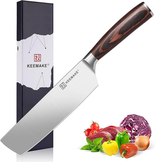 KEEMAKE Nakiri Knife 7 Inch - Sharp Kitchen Knife with High Carbon Stainless Steel Blade, Meat Cleaver Vegetable Cooking Knife with Ergonomic Pakkawood Handle and Gift Box Included
