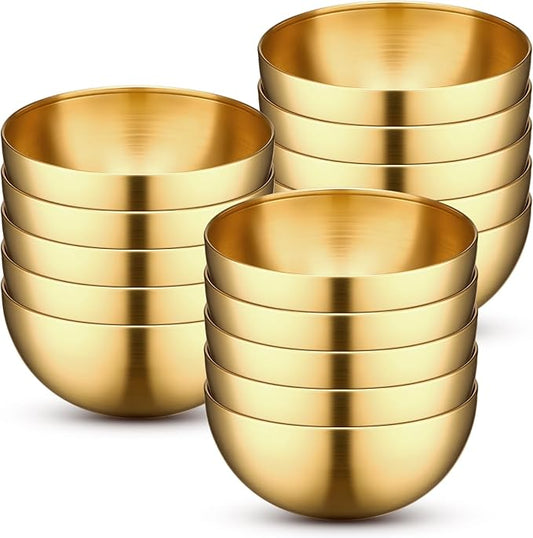 Nuogo 15 Pcs Gold Mixing Bowls Metal Stainless Steel Soup Bowl for Kitchen Fruit Salad Snack Appetizer Cereal Noodle Facial Sugar Serving Cooking Baking Prepping, 5.9 Inches