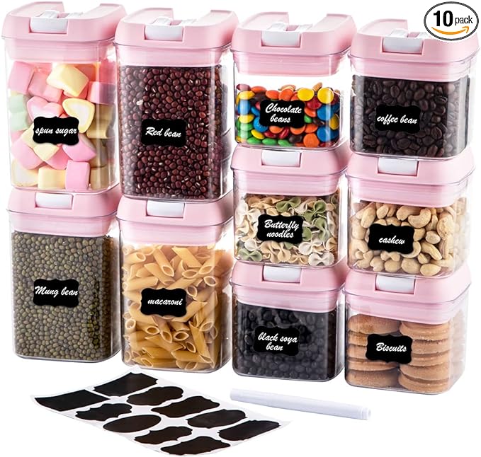 U-QE Airtight Food Storage Container Set-10 Piece BPA Free Clear Plastic Cereal Canisters with Easy Lock Lids-Kitchen & Pantry Organization Containers for Sugar, Flour, Cereal, Labels & Marker(Pink)