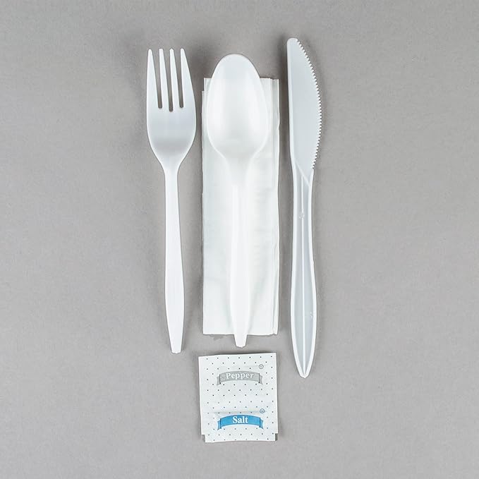 100 Pack Medium Weight Wrapped white Plastic Cutlery Pack with Napkin and Salt/Pepper Packets (White)