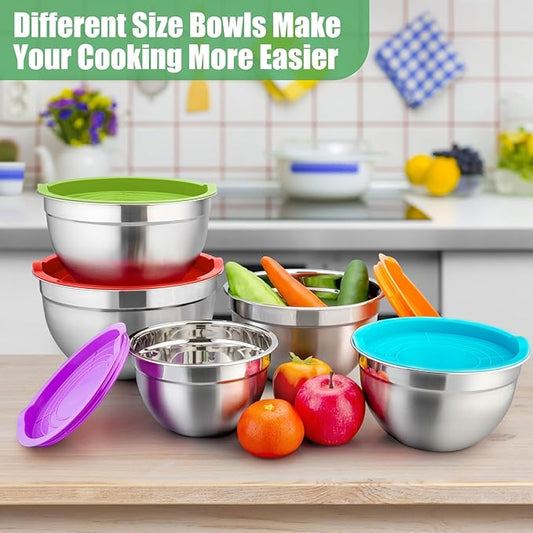 P&P CHEF Mixing Bowl with Lid Set of 5, 10-Piece Stainless Steel Nesting Salad Bowl Set for Prepping, Mixing and Serving, Size 4.6, 3, 1.5, 1, 0.7 QT, Rimmed Edges & Flat Base, Multicolor