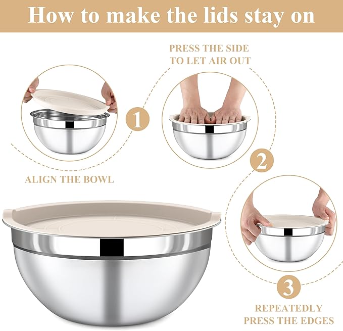 Mixing Bowls with Lids Set, 7 Piece Khaki Nesting Stainless Steel Mixing Bowls for Kitchen, Sizes 4.5, 4, 3.5, 2.1, 1.5, 1.1, 0.7 Qt for Baking, Cooking and Serving, Dishwasher Safe