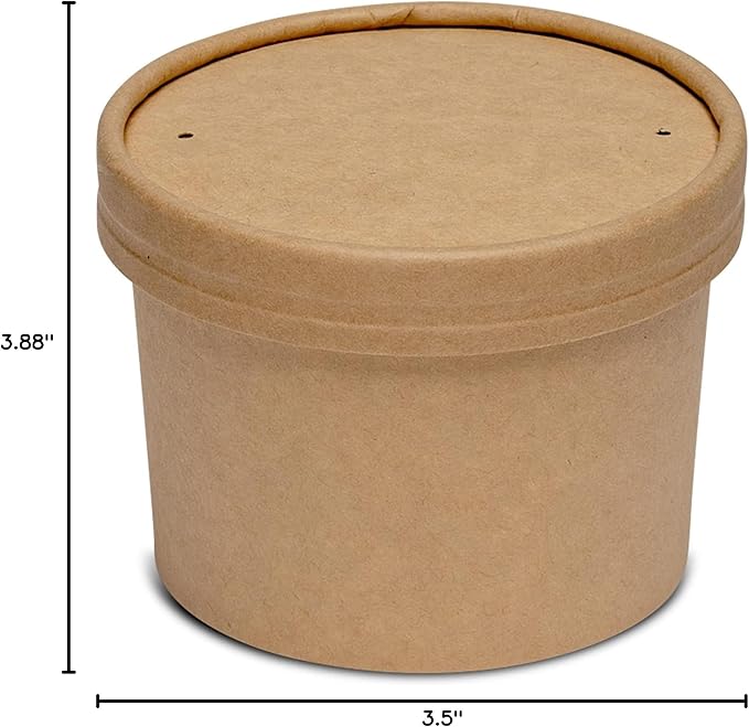 GUSTO [12 oz. - 25 Count Kraft Paper Food Containers with Vented Lids - To Go Hot Soup Bowls, Disposable Ice Cream Cups, Ideal for Hot and Cold Foods - (Formerly Comfy Package)