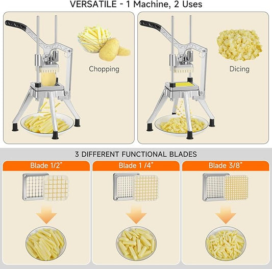 Commercial Vegetable Chopper, Stainless Steel French Fry Cutter Heavy Duty Potato Dicer Fruit Slicer for Restaurant Home Kitchen (1/2"+3/8"+1/4" Blades)