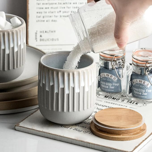 Kitchen Decorative Canisters Ceramic Food Storage Jars, Stackable Spice Jars with Airtight Lid, Wide Mouth Sugar Containers, Small Canisters for Snacks, Ground Coffee, Tea, Honey, Salt - 14 Oz