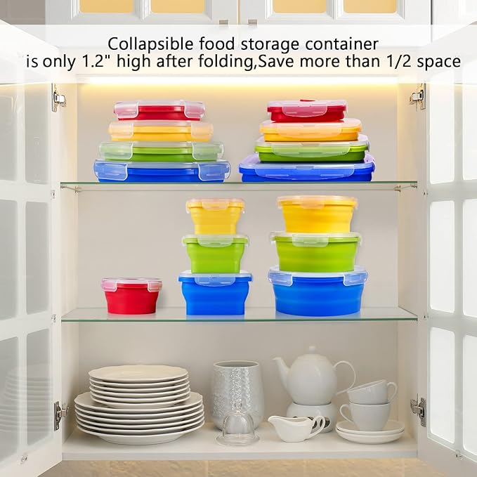 8 Pack Collapsible Food Storage Containers Silicone Lunch with Lids, 4 Pcs Rectangle Bowls and Round Bowls, Microwave Freezer Dishwasher Foldable