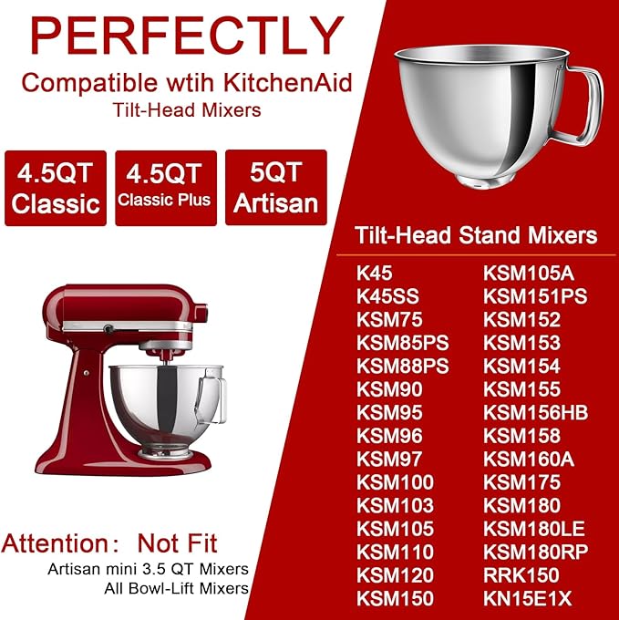 5 QT Stainless Steel Mixer Bowl Kit Compatible with KitchenAid Artisan&Classic Series 4.5-5QT Tilt-Head Mixers K45 KSM70 KSM150 etc. Replacment for KitchenAid Mixer Bowl(1 Bowl+8 Sliders)