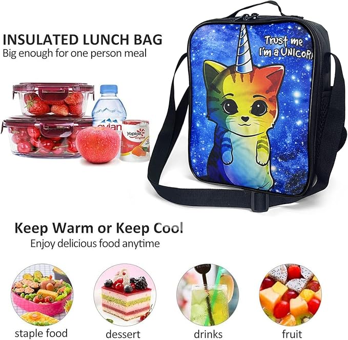 Insulated Lunch Bag for Kids, Boys Girls Lunch Box, Cute Cat Lunch Bag with Shoulder Strap, School Bento Lunch Box for Kids Toddlers Teens, Aesthetic Black Reusable Cooler Thermal Meal Tote Kit