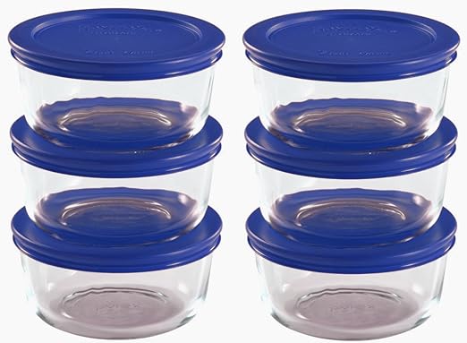 Pyrex Storage 2 Cup Round Dish, Clear with Blue Lid, 12-Piece