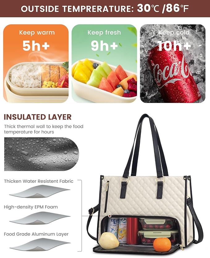 LOVEVOOK Lunch Tote Bag for Women, 15.6 Inch Laptop Bag with Insulated Lunch Compartment, Quilted Large Capacity Computer Handbag with Purse for Business, Work, Collage, Office, Casual, Beige-black