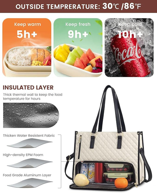 LOVEVOOK Lunch Tote Bag for Women, 15.6 Inch Laptop Bag with Insulated Lunch Compartment, Quilted Large Capacity Computer Handbag with Purse for Business, Work, Collage, Office, Casual, Beige-black