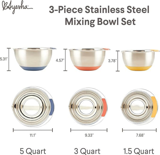 Ayesha Curry Kitchenware Pantryware Stainless Steel Nesting Mixing Bowls, 3-Piece Set, Silver with Color Accent Handles