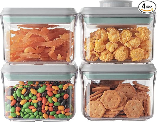 Ankou Airtight Container Set - (380ml 4 Pcs) Stackable One Button Openning Food Containers for Snacks Candy Salt Herbs Spices BPA-Free Tranparent (0.32 QT * 4)