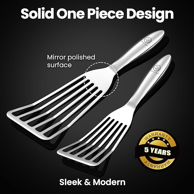 Stainless Steel Fish Spatula Set – 1 Large + 1 Small Metal Spatula for Kitchen, Perfect for Flipping Fish, Pancakes, Eggs & More, Slotted Design, Essential Stainless Steel Kitchen Utensils Set