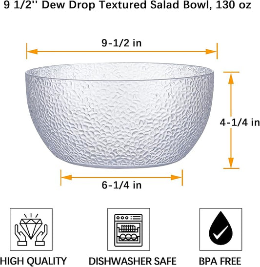 2-Pack 130 OZ Acrylic Salad Bowls, 9.5 inch Shatter-Resistant Serving Bowls, Large Plastic Mixing Bowls for Outdoor or Home Gatherings, Clear