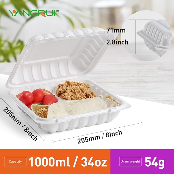 YANGRUI To Go Containers, Reusable Shrink Wrap 55 Pack 8 Inch 34 OZ MFPP Meal Prep Container BPA Free Microwave Freezer Safe Plastic Hinged Clamshell Take Out Boxes