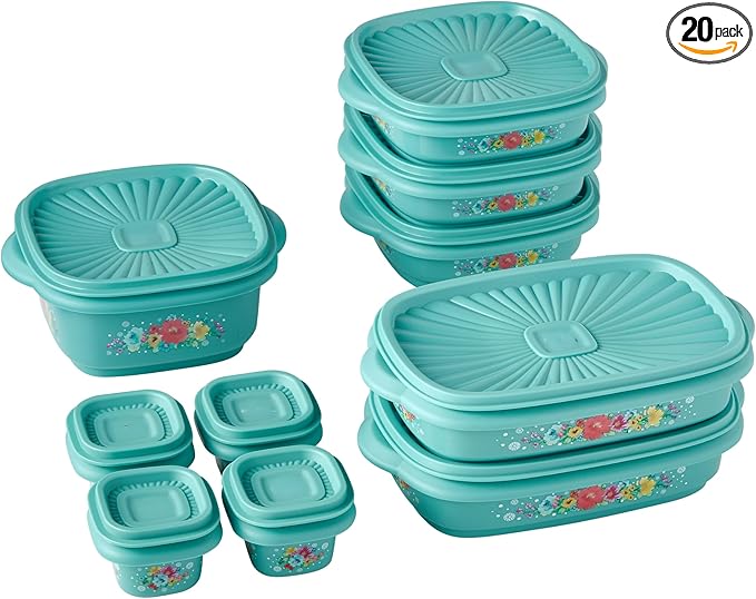 20 Piece Plastic Food Storage Container Variety Set, Breezy Blossom.20 Assorted Containers With Lids - (4) 1/2-Cup, (3) 3-Cup, (2) 4-Cup, (1) 5-Cup.Microwave Safe