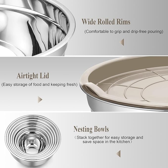 TeamFar Mixing Bowls with Lids, 7 Pieces Stainless Steel Metal Nesting Salad Bowls for Baking Prepping Serving, 7, 4.5, 3, 2.5, 1.5, 1.2, 0.7 QT, Non-Toxic & Sturdy, Airtight Lid & Easy Clean, Khaki