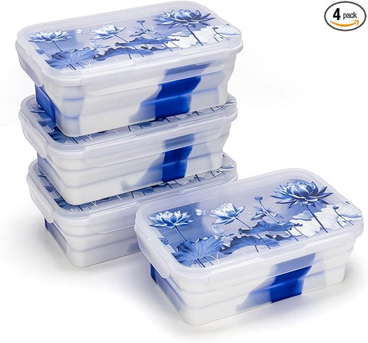 Collapsible Food Storage Containers with Lids in Blue and White Porcelain China Style, 48oz, 4 Pack, Stackable Silicone Containers for Food Lunch, Microwave Freezer Dishwasher Safe, Clear