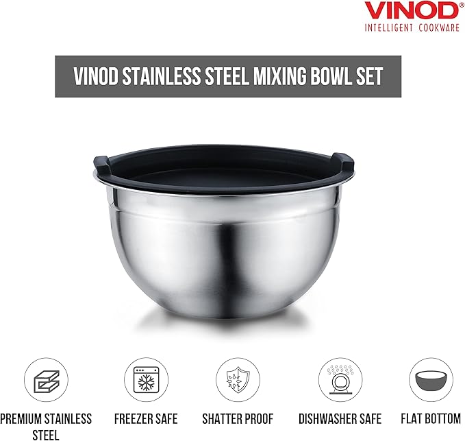 Vinod Cookware Stainless Steel Mixing Bowls with Lids - Heavy Duty Flat Bottom Stackable Mixing Bowl Set - Bowl for Meal Prep, Cooking, Mixing & Serve - Space Saving & Easy Clean - Set of 5