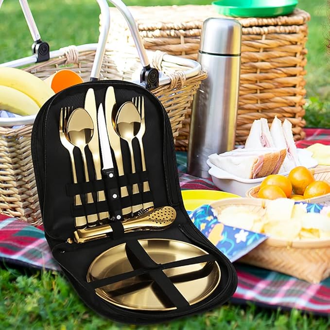 10pcs Set Of Portable Knife, Fork, Spoon, Plate, Steak Clip Set, Camping Picnic, 2 person Tableware Package, Outdoor Stainless Steel Tableware Set