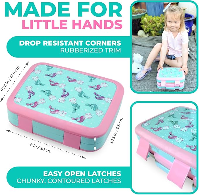 kinsho Bento Lunch Box. Insulated Bag, Water Bottle & Ice Pack Set for Kids, Toddlers, Girls. 5 Portion Sections, Removable Tray, Pre-School Toddler Daycare Lunches, Snack Container, Aqua Cat Mermaid